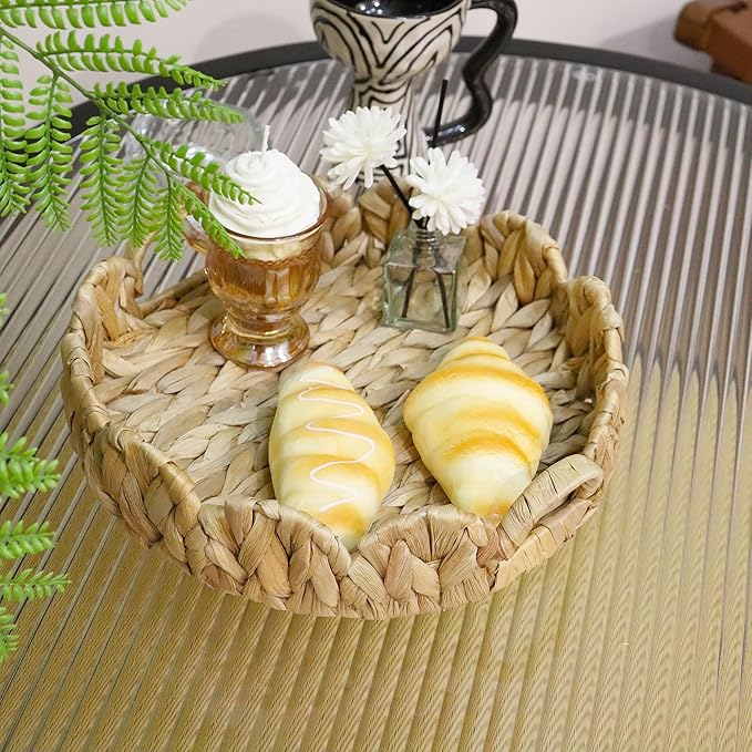 GYASVWU Water Hyacinth Scalloped Tray with Handles,Round Wicker Serving Trays for Coffee Table,Woven Tray for Ottoman Decorative and Organizer Trays (Water Hyacinth)