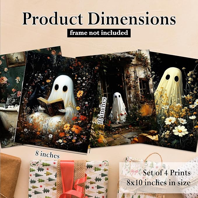 DOFQZ Ghost Halloween Bathroom Wall Art Prints Set of 4, Halloween Bathroom Decor, Dark Academia Cottagecore Floral Spooky Ghost Posters for Bath Room Washroom Decor, 8x10 Unframed