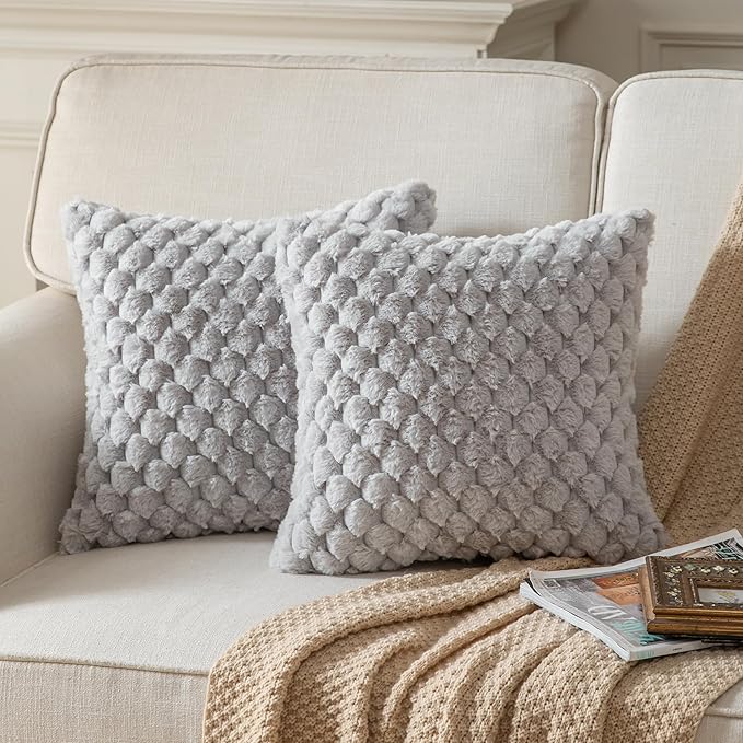 Pack of 2 Super Soft Throw Pillow Covers 20x20 Inch Faux Fur Plush Pillowcase Luxury Cozy Fluffy Decorative Cushion Cover for Sofa Couch Bed Livingroom LightGrey