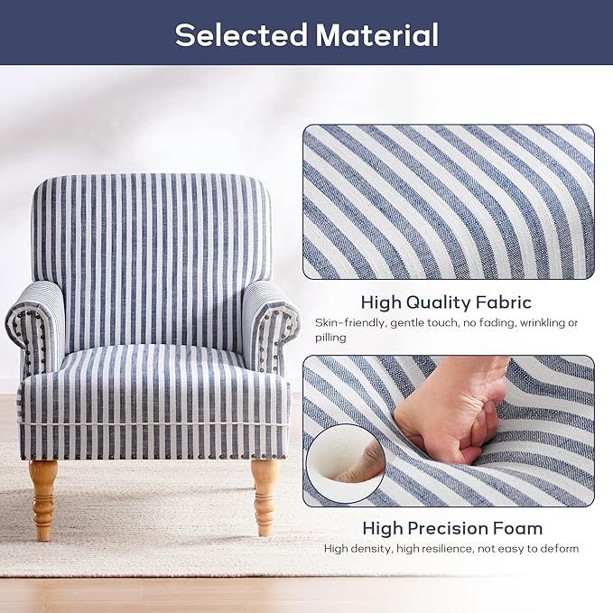 HUIMO Linen Fabric Accent Chair, Mid-Century Modern Armchair with Solid Wood Legs, Single Sofa Chair,Upholstered Reading Club Chair (1, Dark Blue and White Stripe)