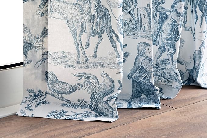 Maison d' Hermine Curtains for living room 100% Cotton 124 inch length One Panel Light Filtering Toile Curtains for Bedroom with rod and loop Pockets (The Miller Blue (White Background), 50"W x 124"L)