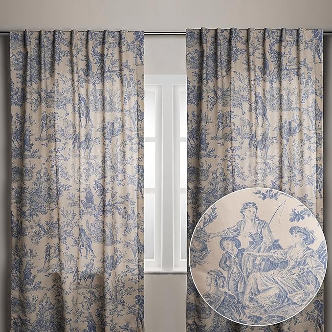 Maison d' Hermine Curtains for Living Room 100% Cotton 96 inch Length Two Panels Light Filtering Toile Curtains for Bedroom Windows with Rod and Loop Pockets Drapes (The Miller Blue, 50" W x 96" L)