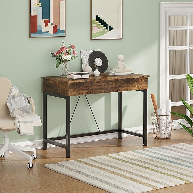 CAIYUN 40“ Small Desk for Bedroom, Computer Desk with 2 Wooden Drawers, Home Office Desk with Storage, Vanity Desk, Kids Study Writing Desk for Small Space, Vintage Table for Bedroom,(Rustic Brown)