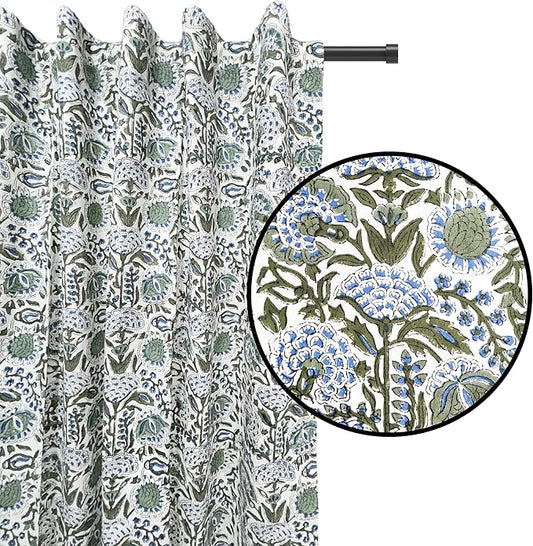 ATOSII 100% Cotton Single Panel Block Print Curtain, Easy Hanging with Rod Pocket & Loop, Living Room, Dining Room, Bedroom Light Filtering Boho Curtains, Set of 1, 60" W X 96" L, Clover Blue