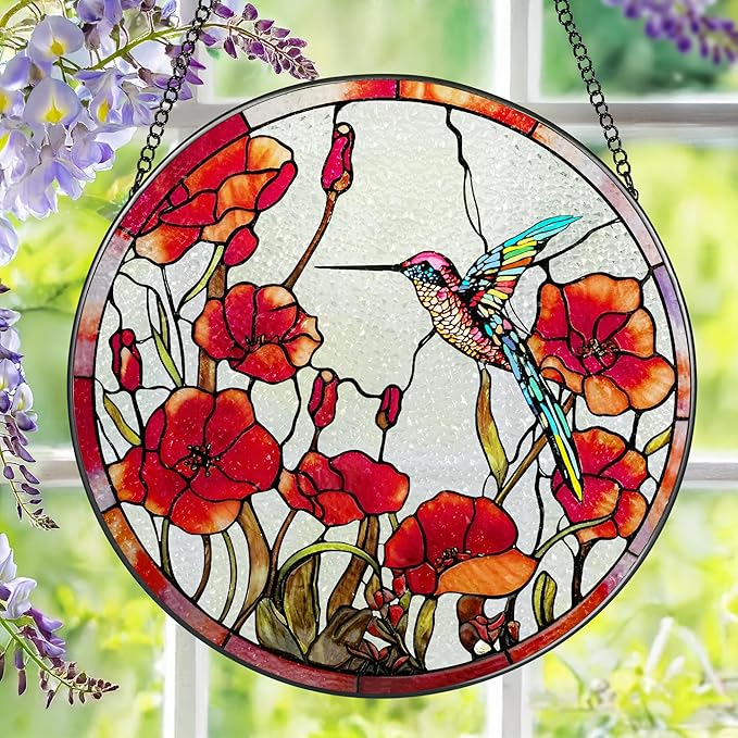 8 Inch Hummingbird Stained Glass Suncatchers for Window Hanging Decor Art Gift for Hummingbird Lovers Wall Hanging Ornament Ideal Festival Gift