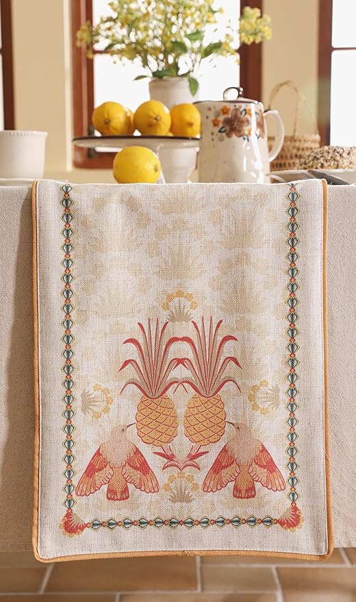 patdrea Designer Tropical Linen Table Runner 87 Inch Long, Yellow Vintage Elegant with Pineapple Pattern Table Mat,Decoration for Kitchen Dining Coffee Table Cover Banquet Christmas , 12"*87"
