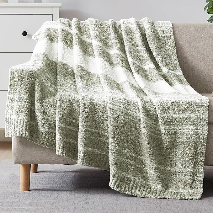 WRENGONGE Sage Green Throw Blanket, 50x70 Soft Cozy Striped Throw Blankets for Couch, Sofa, Bed, Travel, Lightweight Fluffy Warm Plush Decorative Blankets for Women, Men,Kids Gift