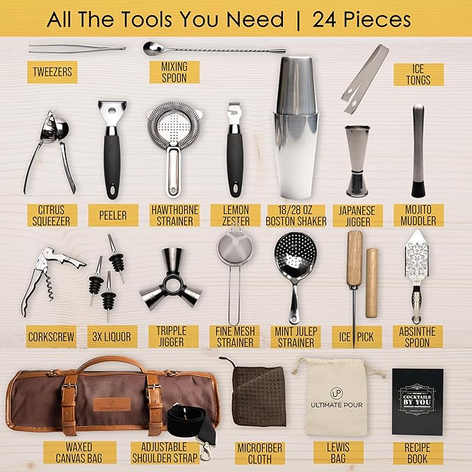 Professional Bartender Kit Travel Bag with Cocktail Shaker Set | Portable Bartending Mixology Bar Set with 18/28 oz Boston Shaker | Pro Bar Tools Perfect for Home, Bar, Parties, Beach, BBQ | 24 Pcs