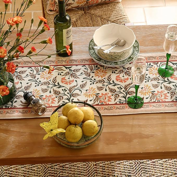 ISAENNE Designer French Elegant Linen Table Runner 102 Inches Long,Farmhouse Lily Pattern Decor Table Runners for Dining Tables,Thanksgiving,Kitchen Tables,Christmas,12"*102"-Aurora A