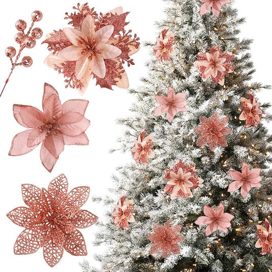 Floweroyal 60pcs Poinsettia Artificial Christmas Flowers Decorations with Clips and Berry Stems Glitter Ornaments for Christmas Tree Wreath Fireplace Stairs Decor (Rose Gold-3 Styles)