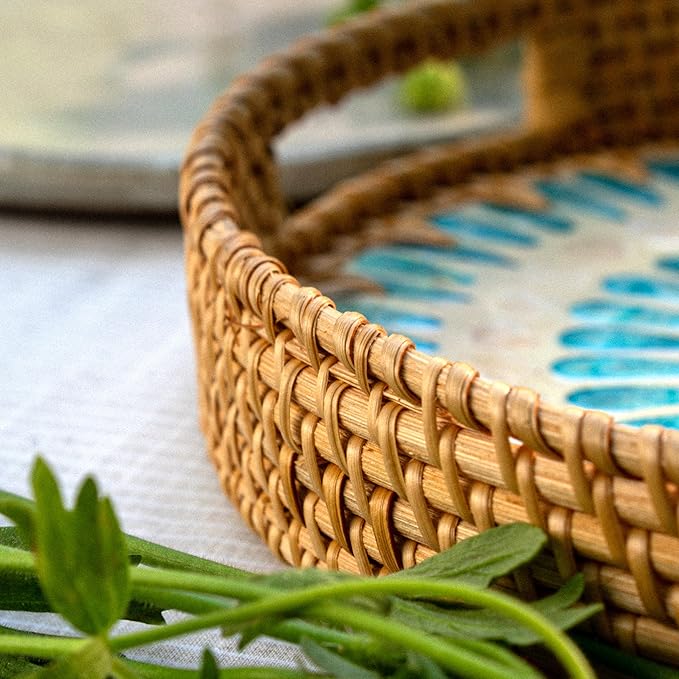 JUNGLE CULTURE Rattan Serving Tray 12" with Mother of Pearl Inlay • Coastal Boho Collection • Handcrafted Woven with Handles for Home • Round Dining Table Tray • Wicker Serving Basket – Ripple