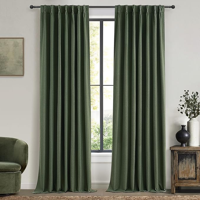 100 Inch Curtains for Classroom, 100 Percent Blackout Thermal Window Curtains for Sliding Glass Door Dark Olive Green Moody Heavy Duty Drapes Linen Pinch Pleated (40W x 100 x 2 Panels)