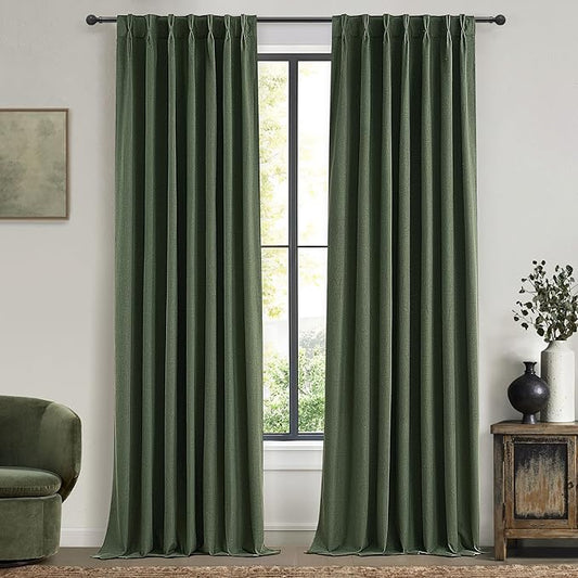 100 Inch Curtains for Classroom, 100 Percent Blackout Thermal Window Curtains for Sliding Glass Door Dark Olive Green Moody Heavy Duty Drapes Linen Pinch Pleated (40W x 100 x 2 Panels)