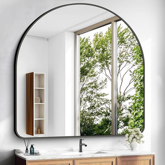 Arched Bathroom Mirror, 40"x40" Black Arched Mirror for Bathroom, Wall Mounted Mirror, Black Vanity Wall Mirror w/Metal Frame for Bedroom, Entryway, Living Room, Hanging or Leaning Against Wall