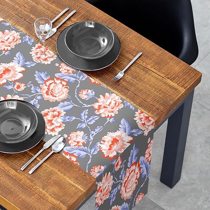 Decozen Table Runner - Japanese Print Floral Design Perfect for Winter Christmas Kitchen Dining Room Home Decor Console Table Farmhouse - Gray