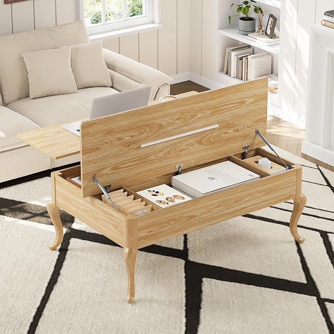 Lift Top Coffee Table, Farmhouse Coffee Table with Hidden Storage, Wood Center Table Dining Table for Living Room, Apartment, Home Office (Natural)
