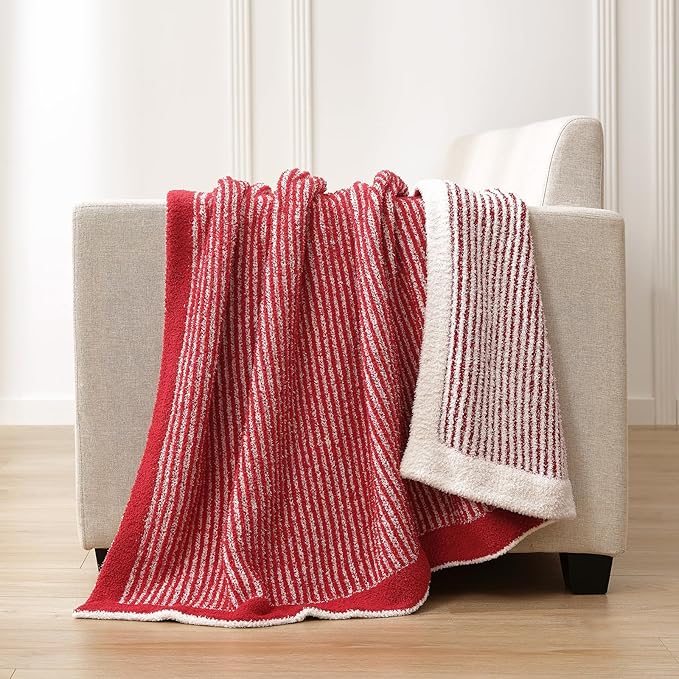 Snuggle Sac Christmas Soft Throw Blanket for Couch, Fuzzy Microfiber Knit Stripe Blankets for Couch, Sofa, Travel, Red Cream, 50x60 inches