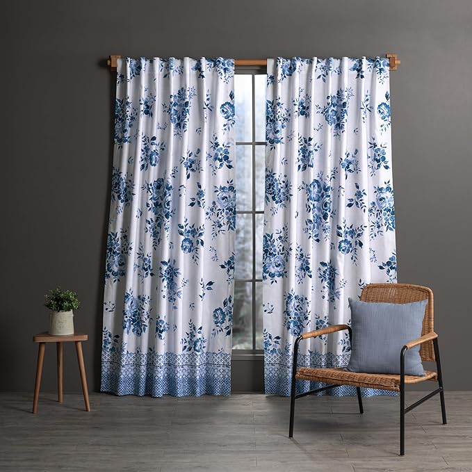 Maison d'Hermine Curtains for Living Room 100% Cotton 84 inch Length Two Panels Window Curtains for Bedroom with Loop & Rod Pockets - Rose Garden - Blue, 50" W x 84" L