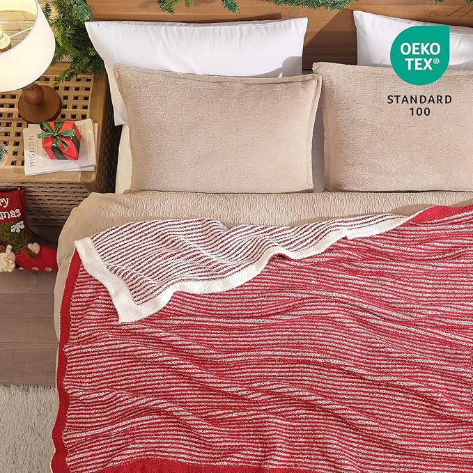 Snuggle Sac Christmas Soft Throw Blanket for Couch, Fuzzy Microfiber Knit Stripe Blankets for Couch, Sofa, Travel, Red Cream, 50x60 inches