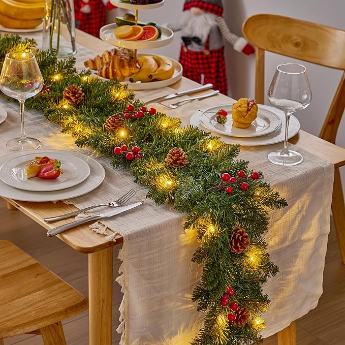 Joiedomi 9 FT Artificial Christmas Garland Prelit with 50 Count Warm White String Lights, Pine Cones and Red Berries for Christmas Holiday Xmas Season Decorations, Plug in Lighted Pine Garland