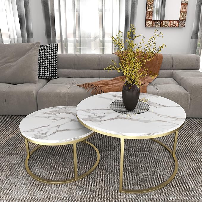Nesting Coffee Table Set of 2, 31.5" Round Coffee Table Wooden Marble Pattern Accent Furniture, Industrial End Table for Living Room Bedroom Balcony (White/Gold)