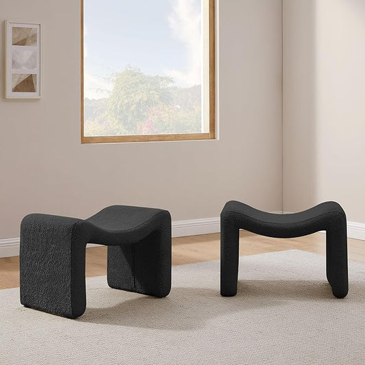 Modern Boucle Ottoman, Vanity Stool Chair, Foot Stool with Wooden Legs Sofa Bench Footstool Extra Seat for Vanity, Makeup Room, Living Room, Entryway, Set 2, Grey