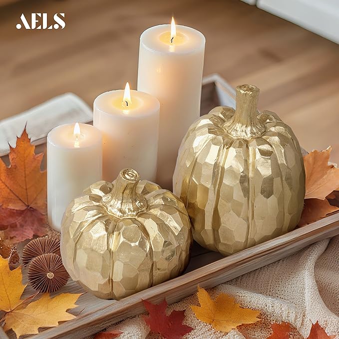 AELS 5.9" Tall Modern Pumpkins Fall Decor Indoor, Set of 2 Elegant Tabletop Decorations, Resin Artificial Pumpkins Decor for Fall Table Runner, Office, Holiday Party Home, Golden