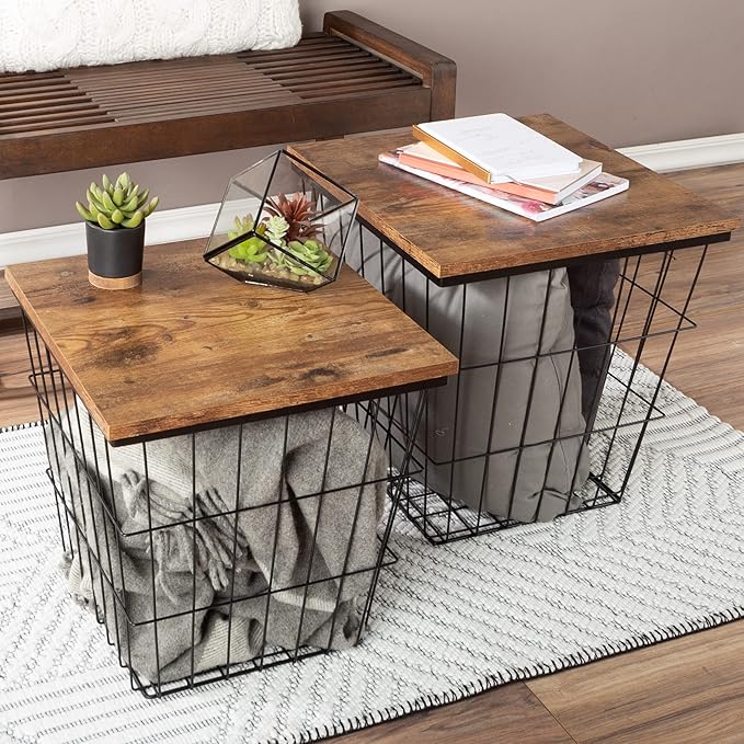 End Tables Set of 2 - Nesting Tables with Removable Wood Tops and Metal Basket Bases for Blanket Storage - Square Side Furniture for Living Room, Bedroom, or Home Office by Lavish Home (Brown)