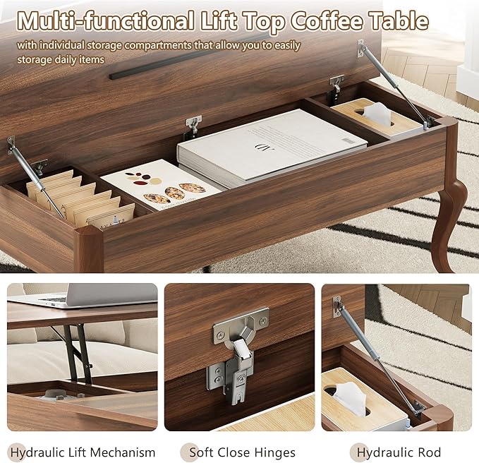 Lift Top Coffee Table, Farmhouse Coffee Table with Hidden Storage, Wood Center Table Dining Table for Living Room, Apartment, Home Office (Walnut)