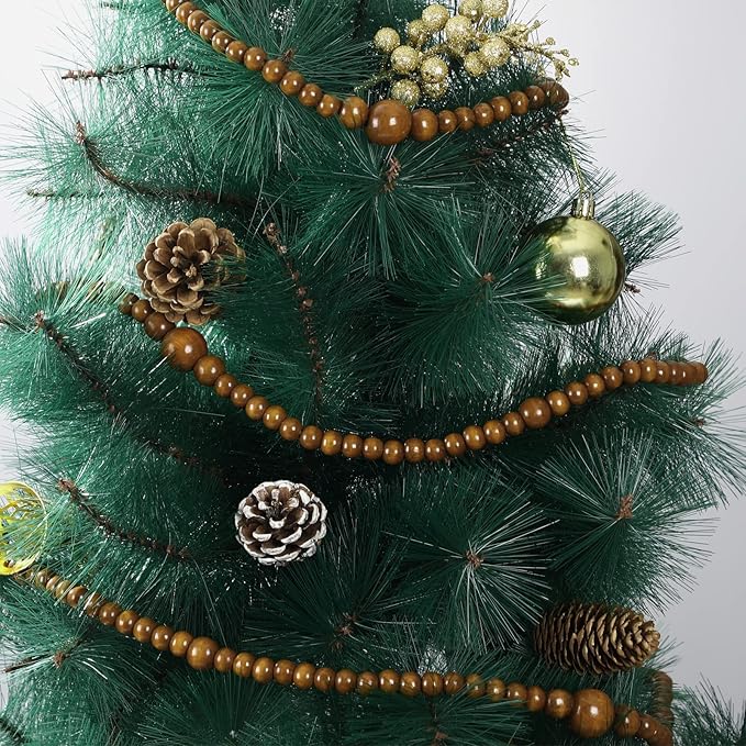 12 Feet Christmas Wooden Beads Garland Round Craft Farmhouse Vintage Wood Bead Garlands for Xmas Decoration Supplies(Coffee)