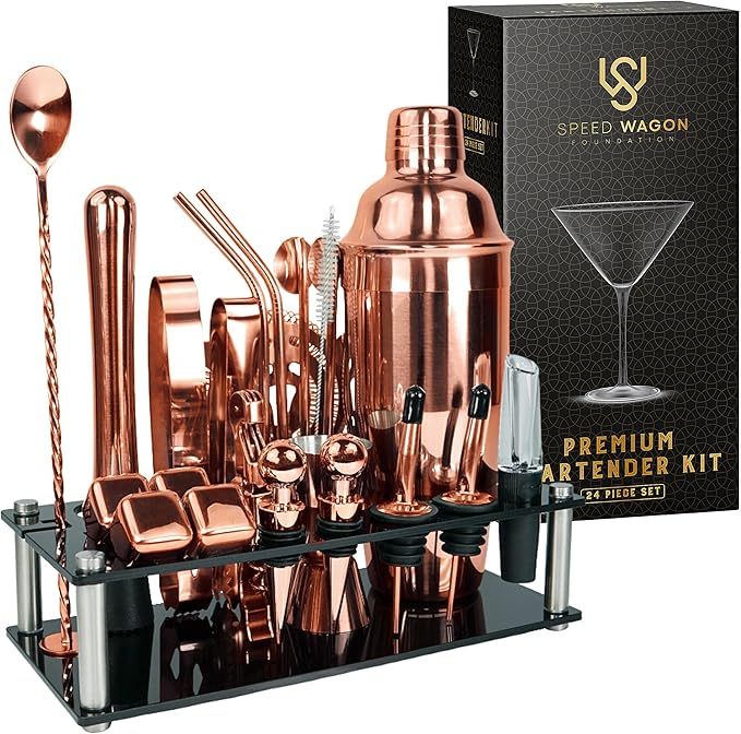 Mixology Bartender Kit – 24 Piece Rose Gold Cocktail Shaker Set w/Stand – Essential Home Bar Accessories Martini Shaker, Jigger, Muddler, Chilling Cubes & More