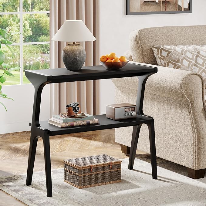 Tribesigns 2-Tier Wood End Table, Modern Narrow Sofa Side Table with Storage, Slim Wooden Bedside Table with Unique Legs for Bedroom, Living Room, Small Spaces, Easy Assembly, Black