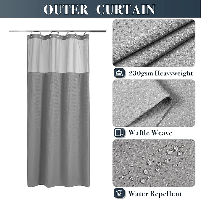 N&Y HOME Stall Waffle Shower Curtain with Snap-in Fabric Liner & Hooks Set - 36" x 72" Small Shower Stall Size, Hotel Style & Mesh Top Window, Machine Washable - 36x72, Gray
