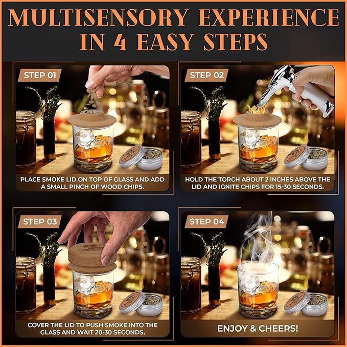 Cocktail Smoker Kit | Whiskey Smoker Kit | Bourbon Smkoer kit | Old Fashioned Smoker Kit for Men with Stand, Torch & Wood Chips | Whiskey Gift for Men (No Butane Incl.)