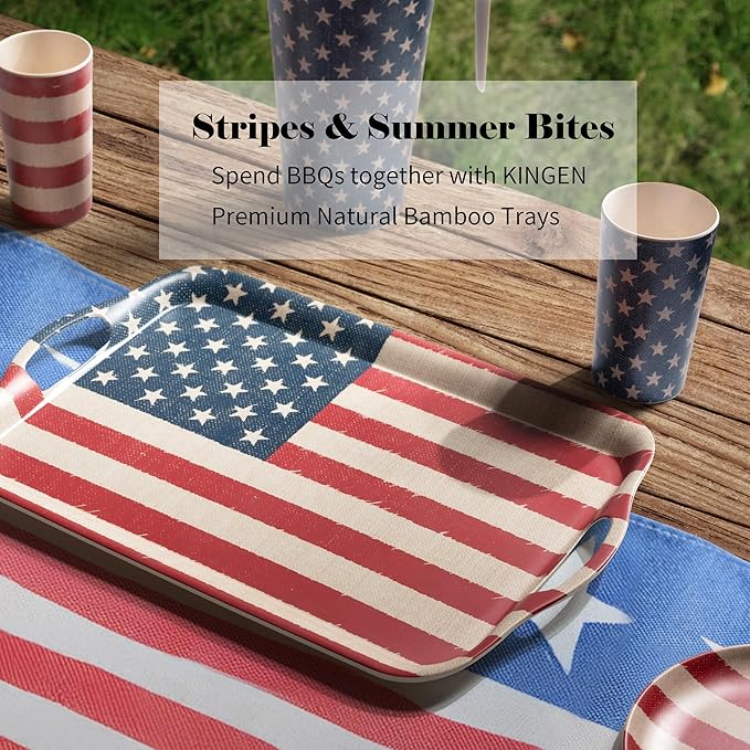 KINGEN 2-Pack Patriotic Bamboo Fiber Serving Trays - 18×13-inch Extra Large w/Handles Tray, Stars & Stripes Platters for 4th of July, Christmas, Birthday, BBQ, Party - Red, White & Blue Decor