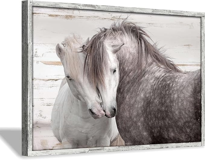 Horses Wall Art Framed Painting Rustic Horse Nuzzling Picture Wildlife Animals Portrait Wooden Print Artwork for Living Room Farmhouse Decor 36 x 24 Inches