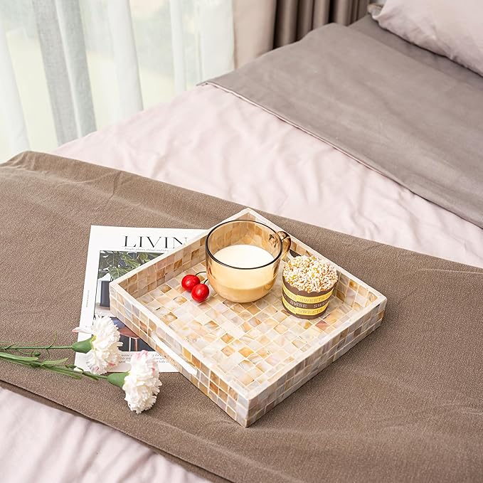 PEMAR 10" Mother of Pearl Catchall Tray for Coffee Table, Entryway, Nightstand. Square Serving Tray Wooden Luxury Decorative Handmade Eating Platters w Insert Handles (White Cream Squares Pattern)