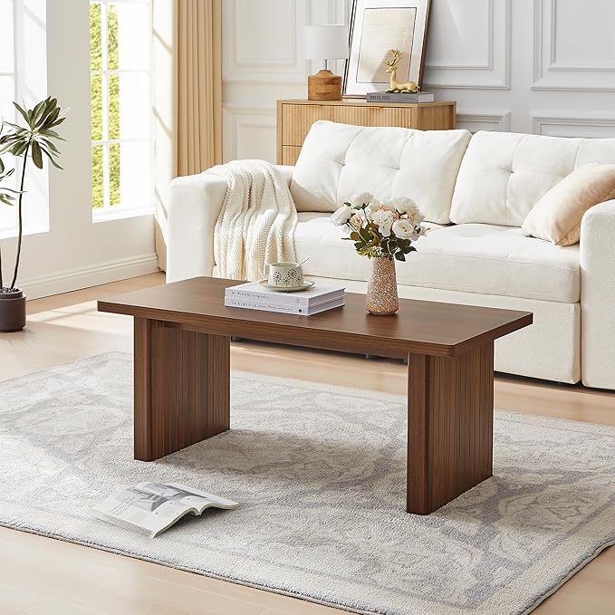 AVZEAR 43Inch Fluted Wooden Coffee Table for Living Room, Mid Century Modern Coffee Table with Sturdy Fluted Legs & Rounded Corner, Curved Rectangle Center Table for Home, Office, Cafe, Walnut