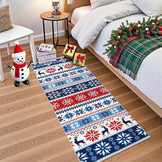 Hallway Runner Rug 2x6 Washable Christmas Runner Indoor Non-Slip Xmas Decorative Throw Floor Covers Boho Accent Festival Xmas Rug Farmhouse Rug Geometric Carpet for Living Room Bedroom, Blue