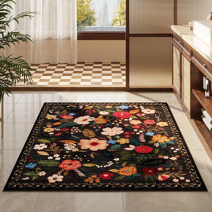 Rugcomf Bedroom Rug 3x5 Rug Washable Area Rug Non Slip Low Pile Boho Floral Small Carpet for Bedroom, Bedside, Kitchen, Entryway, Kids Room, Office, College Dorm Essentials for Girls(Black)