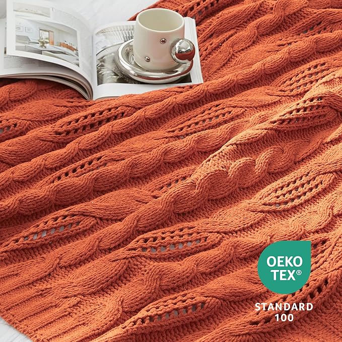 Amélie Home Chunky Knit Throw Blanket, Dual-Sided Soft Chenille Breathable Cable Knitted Blanket for Couch, Farmhouse Decorative Throw for Sofa & Chair, 60"x80", Burnt Orange