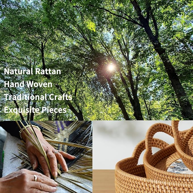 Handwoven Serving Tray with Handles, Set of 3 Round Ottoman Tray with Shell Inlay, Decorative Ratten Trays for Coffee Table, Farmhouse, Kitchen Counter, Housewarming Gift (13.4", 11.8", 10.6")