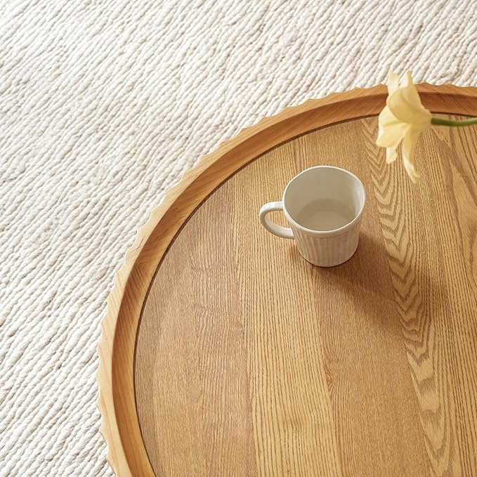 Round Coffee Table, Modern Living Room Tables with Mushroom Shape and Grooved Design, Large Coffee Tables, Circle Pinewood Center Table for Living Room (Nature Wood, 31.8''L×13.7''H)