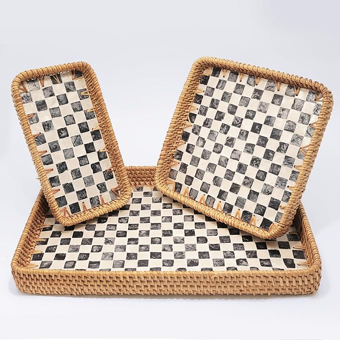 Set of 3 Rectangle Rattan Serving Trays with Mother of Pearl Inlay – Hand-Woven Wicker Trays for Coffee Table, Bathroom, Kitchen Counter or Entryway, Boho Coastal Decor, Checkered Design