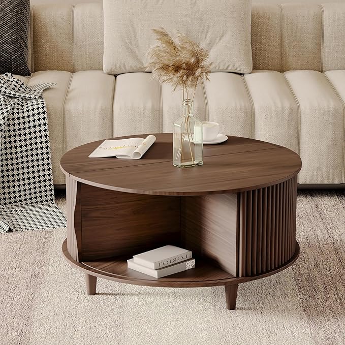 Round Coffee Table with Storage, 31.5" Center Table with Sliding Door,Fluted Small Coffee Table for Living Room,Walnut
