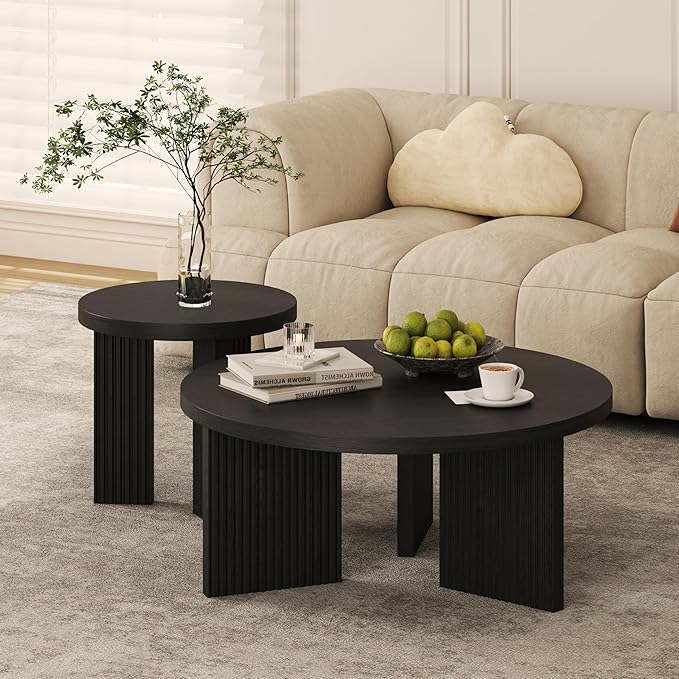 Nesting Coffee Table Set of 2, Modern Wooden Coffee Table with Smooth Thick Design, Circle Tea Table and End Table Set, Accent Center Tables for Living Room, Office, Black
