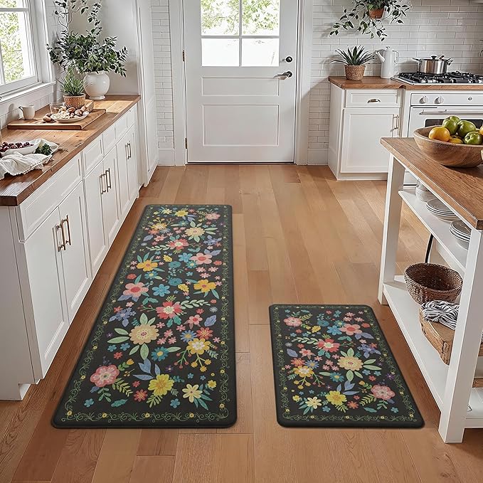 GENIMO Kitchen Mats for Floor 2PCS, Cushioned Kitchen Rugs Non Slip Washable, Farmhouse Anti Fatigue Mat Waterproof, Comfort Standing Mat Rug for Laundry, Office, Home, Sink, 23.6"x71"+20"x32", Black