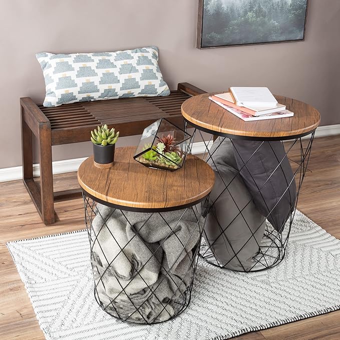 End Tables Set of 2 - Nesting Tables with Removable Wood Tops and Metal Basket Bases for Blanket Storage - Round Side Furniture for Living Room, Bedroom, or Home Office by Lavish Home (Brown)