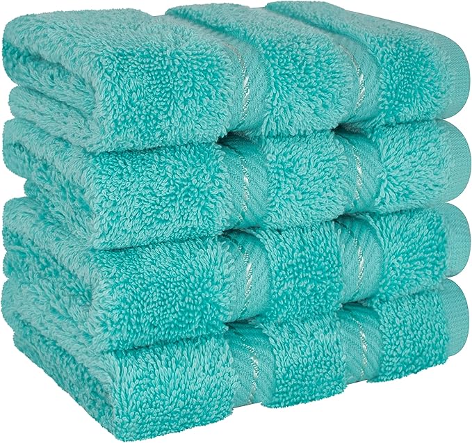 American Soft Linen Luxury Washcloths for Bathroom, 600 GSM 100% Cotton 4 Piece Turkish Wash Cloth Set, 13x13 in Soft Rags for Body and Face, Turquoise Blue Washcloths