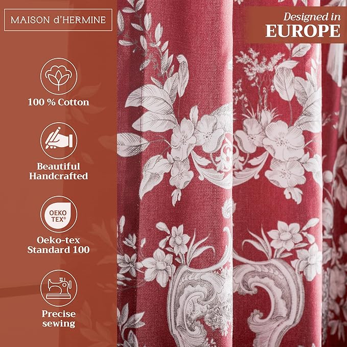 Maison d' Hermine Curtains for Living Room 100% Cotton 108 inch Length One Panel Light Filtering Toile Curtains for Bedroom Windows with Rod and Loop Pockets Drapes (Joli Jouy Red, 50" W x 108" L)